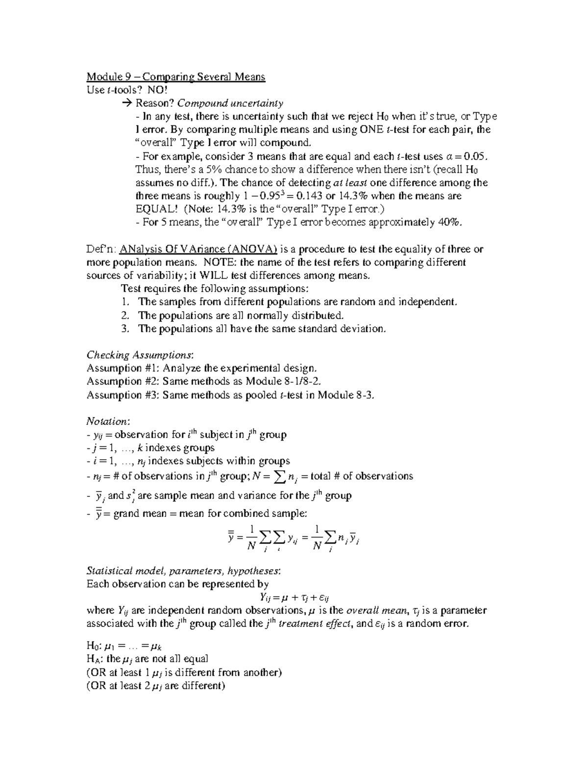 9 - STAT - Module 9 – Comparing Several Means Use t-tools? NO! → Reason ...