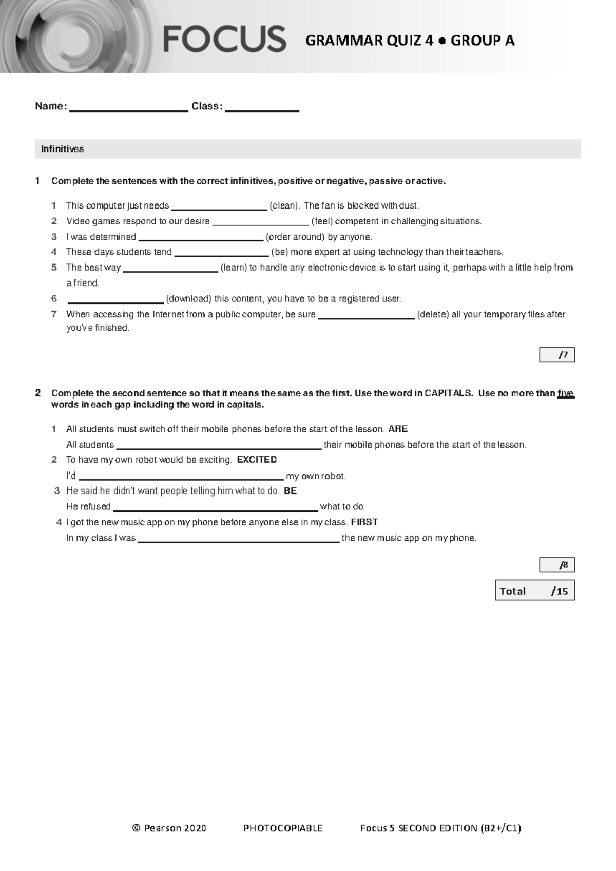 Grammar Quiz Unit 4: Focus 5 2E Group A Assessment - Studocu