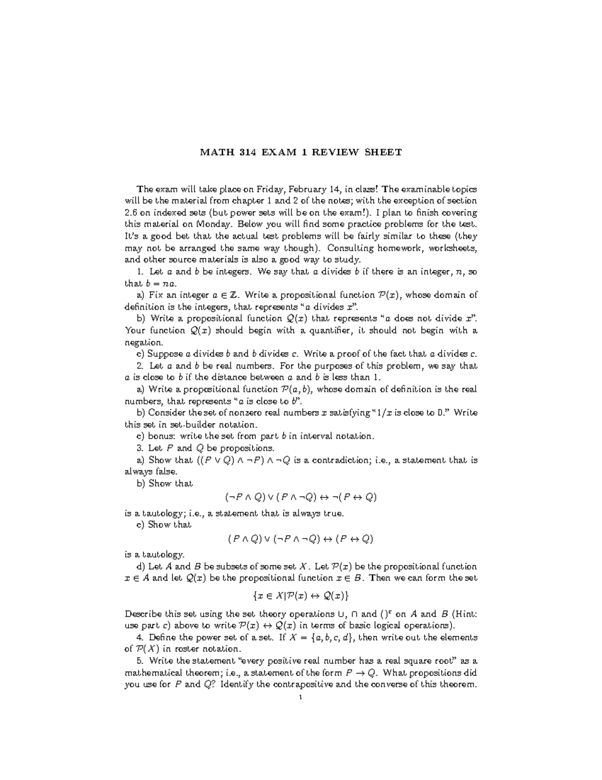 MATH 314 Exam 1 Review Sheet: Key Topics & Practice Problems - Studocu