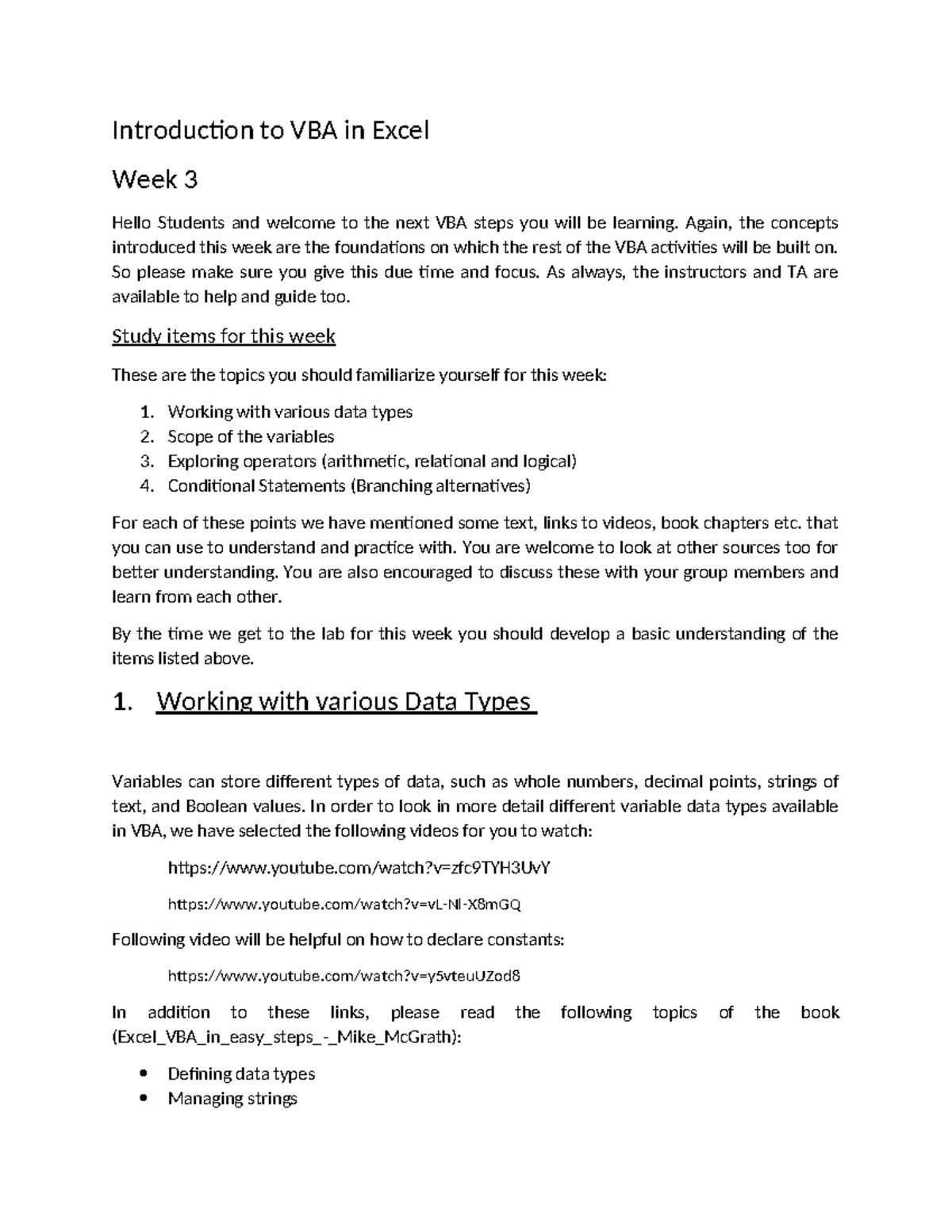 VBA - Week 3 Guide - labs - Introduction to VBA in Excel Week 3 Hello ...