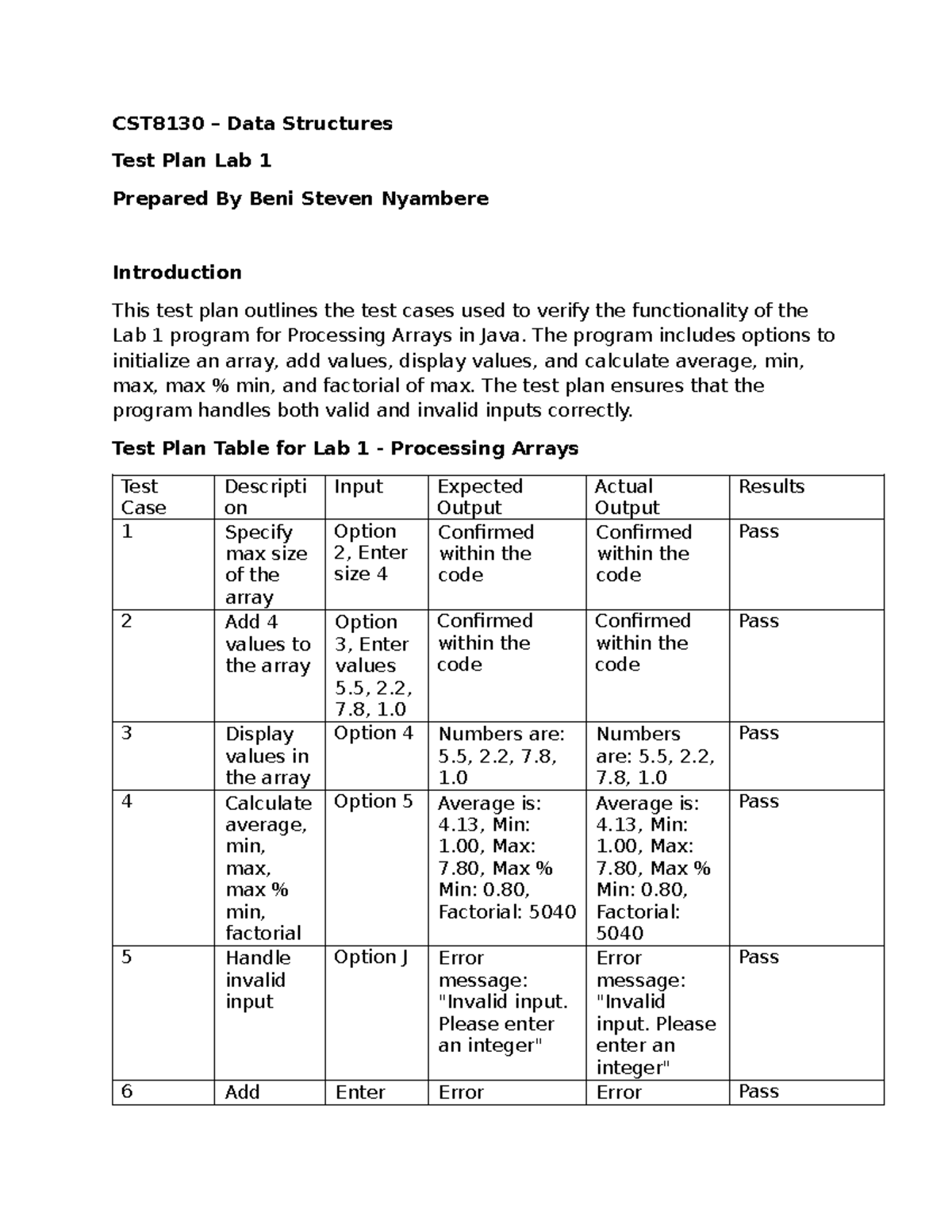CST8130 Lab 1 Test Plan: Processing Arrays in Java - Studocu