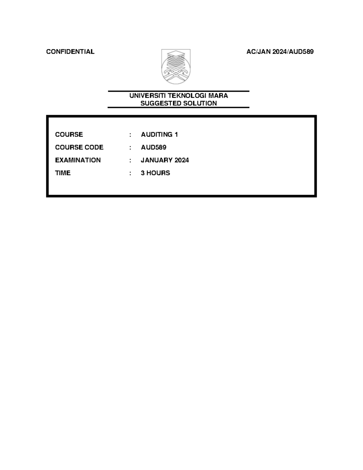 AUD589 JAN 2024 Final Exam Suggested Solutions and Insights - Studocu