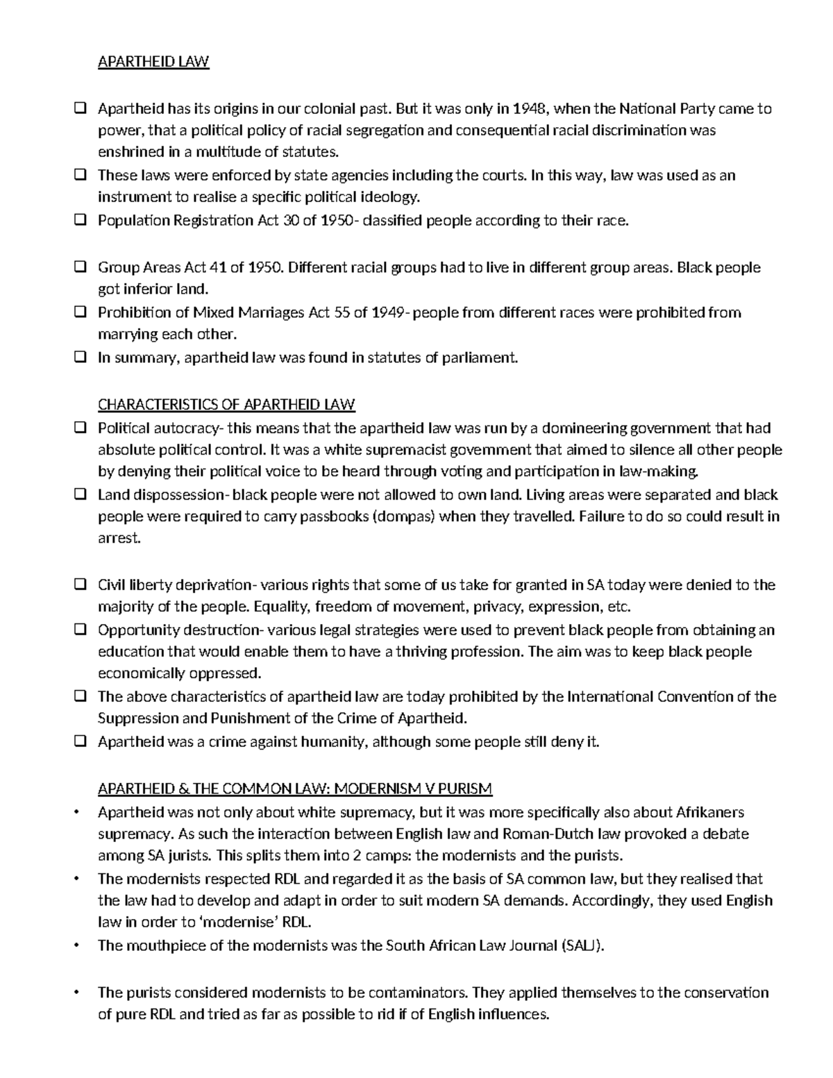 APARTHEID LAW - Summary of Key Features & Historical Context - Studocu