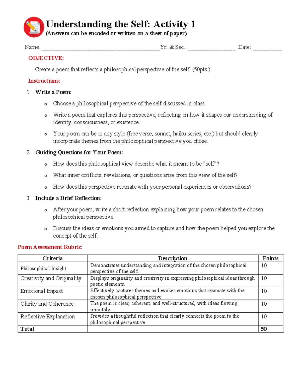 Philosophical Poem on the Self: Activity 1 (50pts) - Studocu