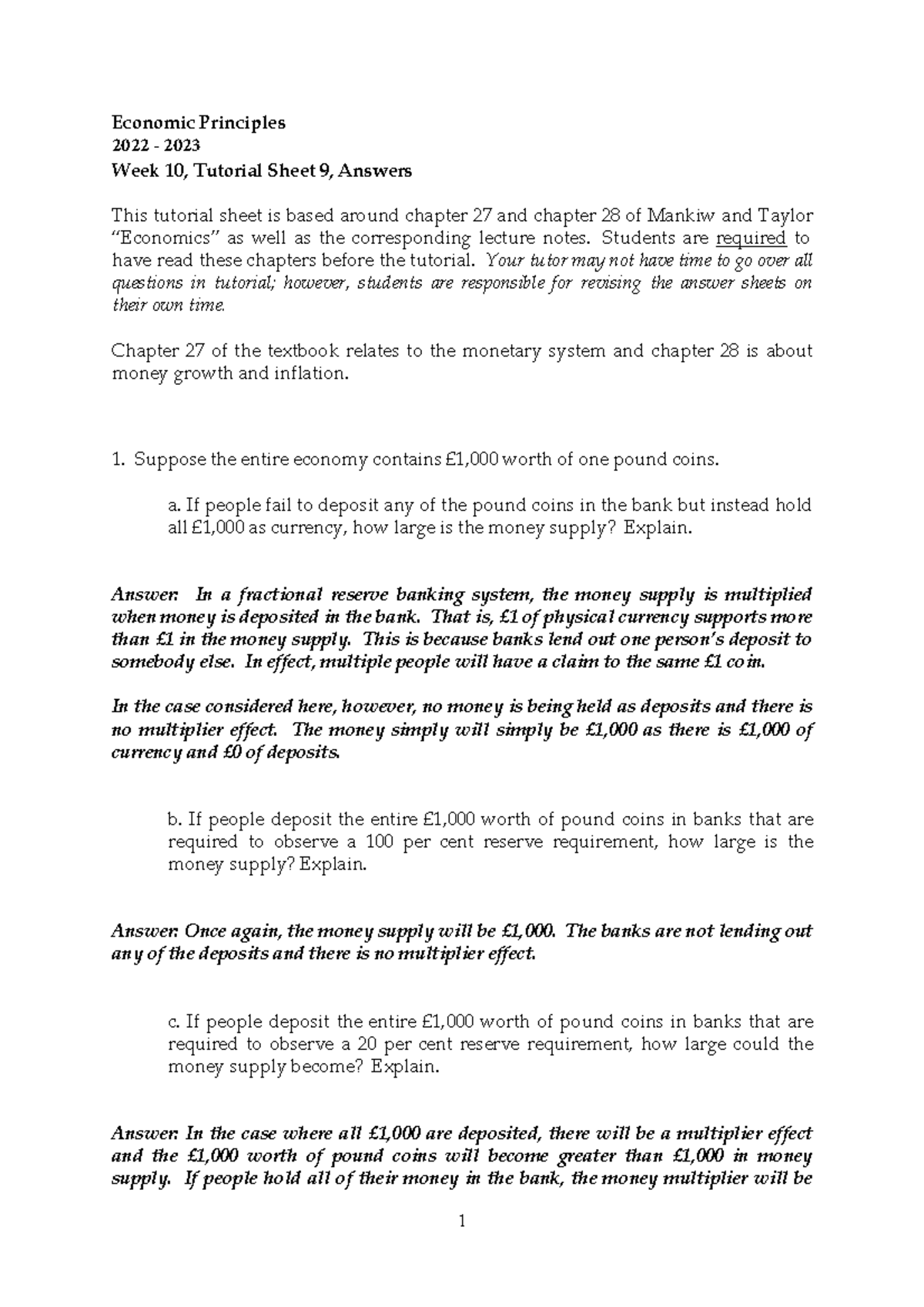 ECON 2023 - Tutorial 9 Answers on Monetary System & Inflation - Studocu