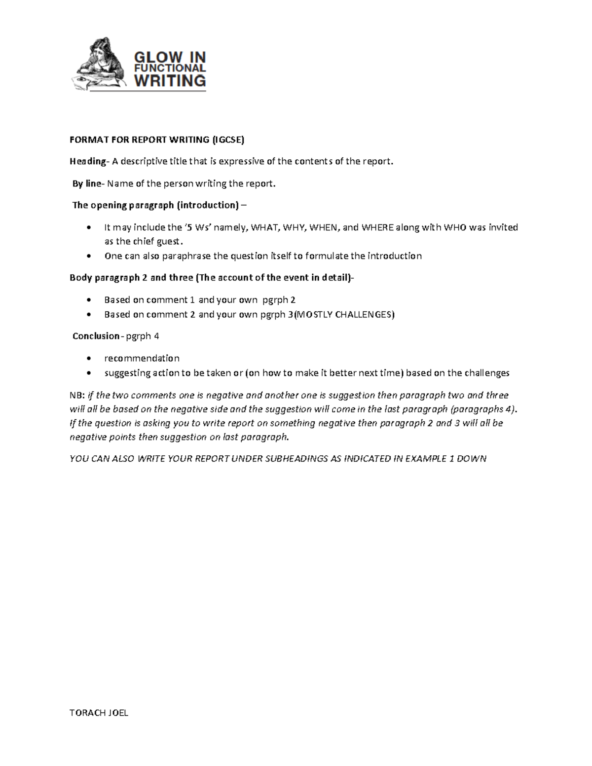 Report Final(Autosaved) - TORACH JOEL FORMAT FOR REPORT WRITING (IGCSE ...