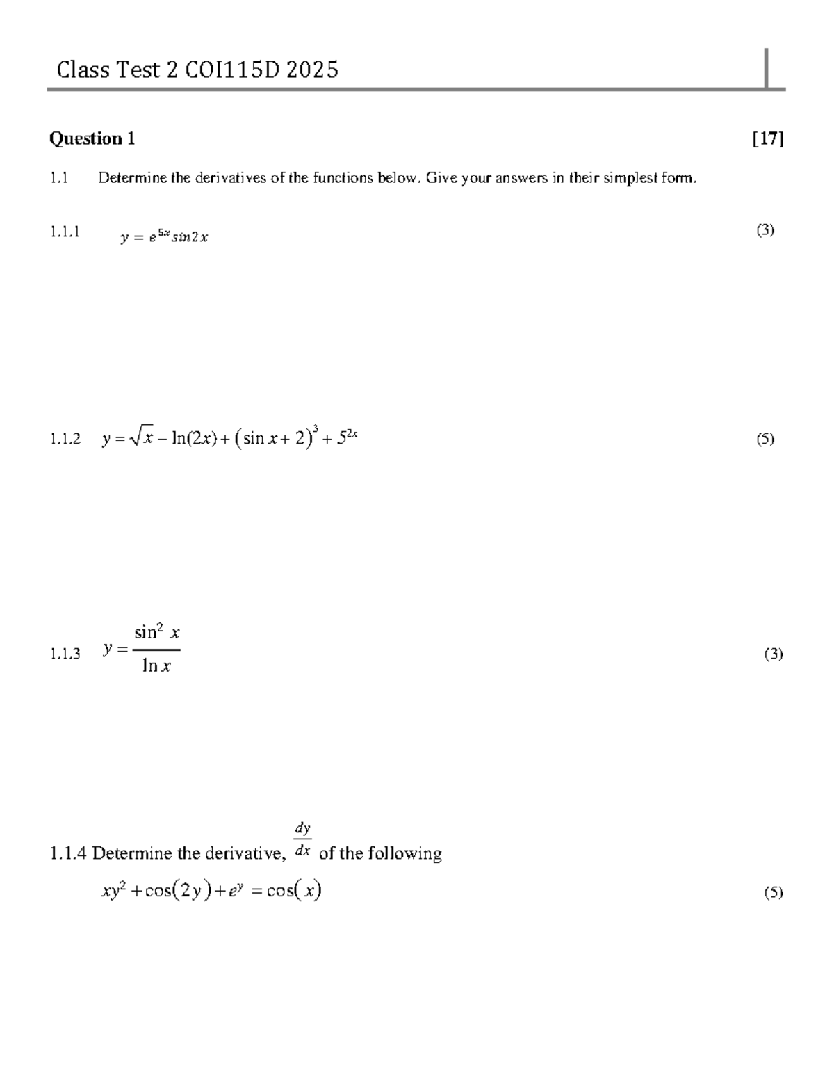 Class Test 2 COI115D 2025 - Derivatives and Functions Analysis - Studocu
