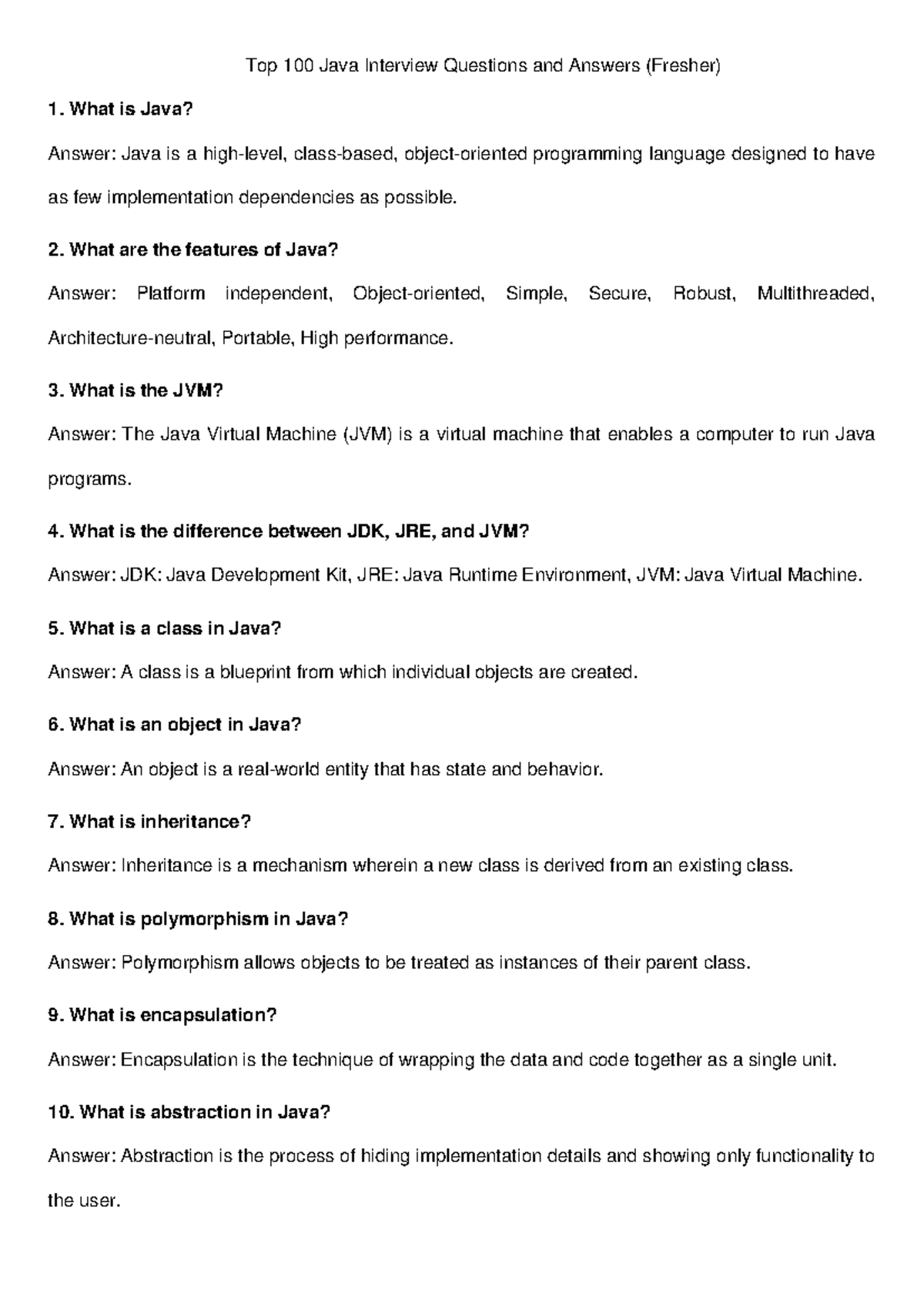 Top 100 Java Interview Q&A for Freshers (CS101) - Studocu