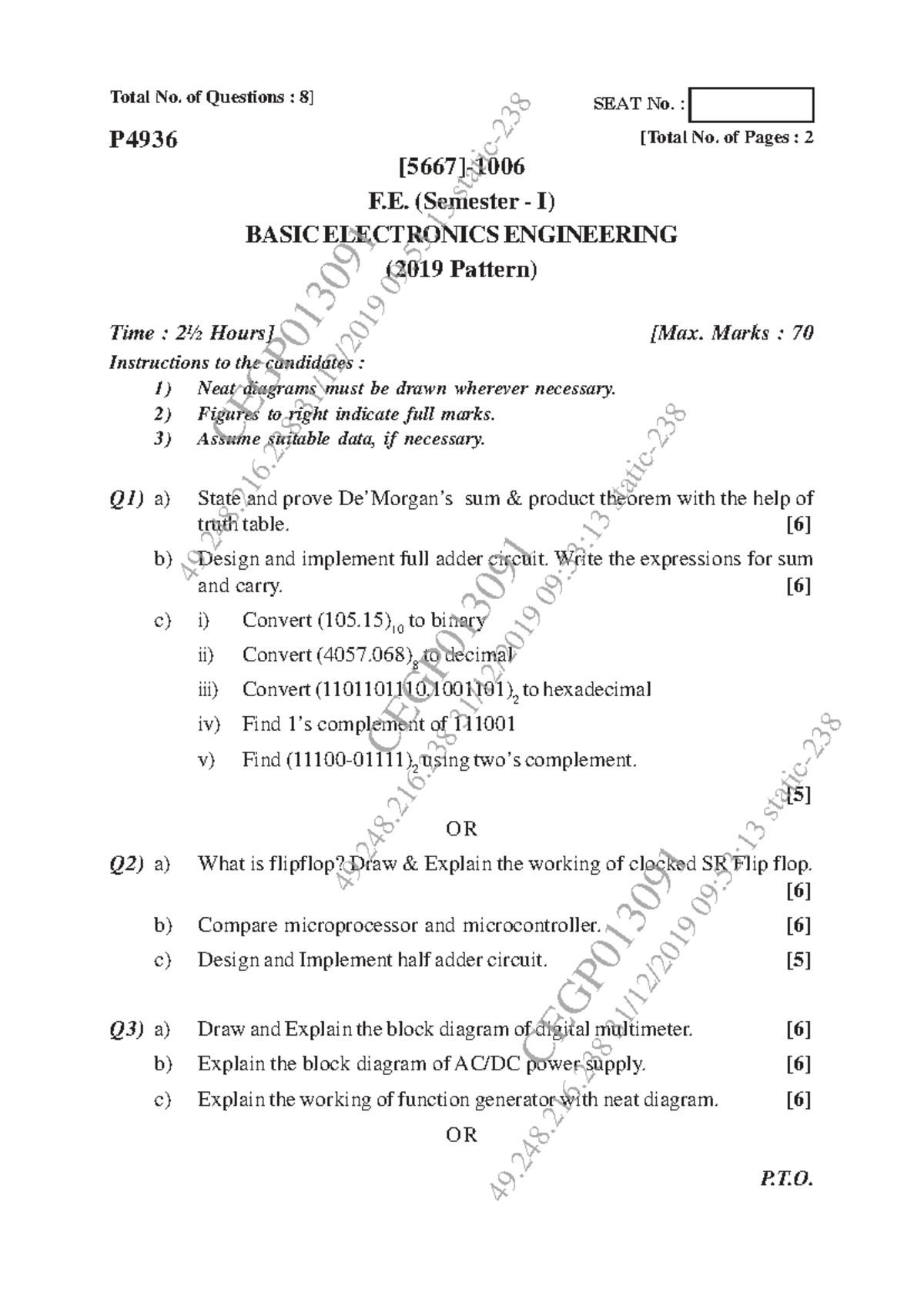 BXE FE Basic Electronics Engineering Exam Paper (Nov-Dec 2019) - Studocu