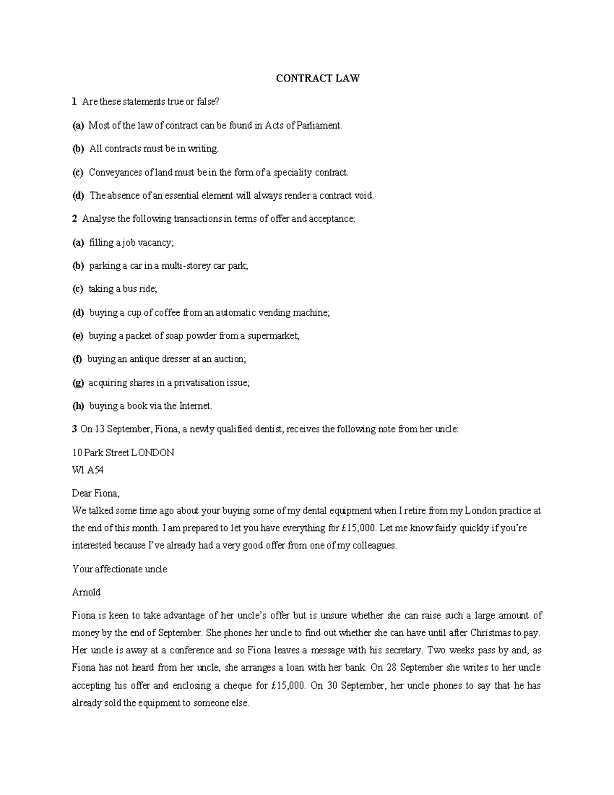 Contract Law Exercises: Offer & Acceptance Analysis for LAW 101 - Studocu