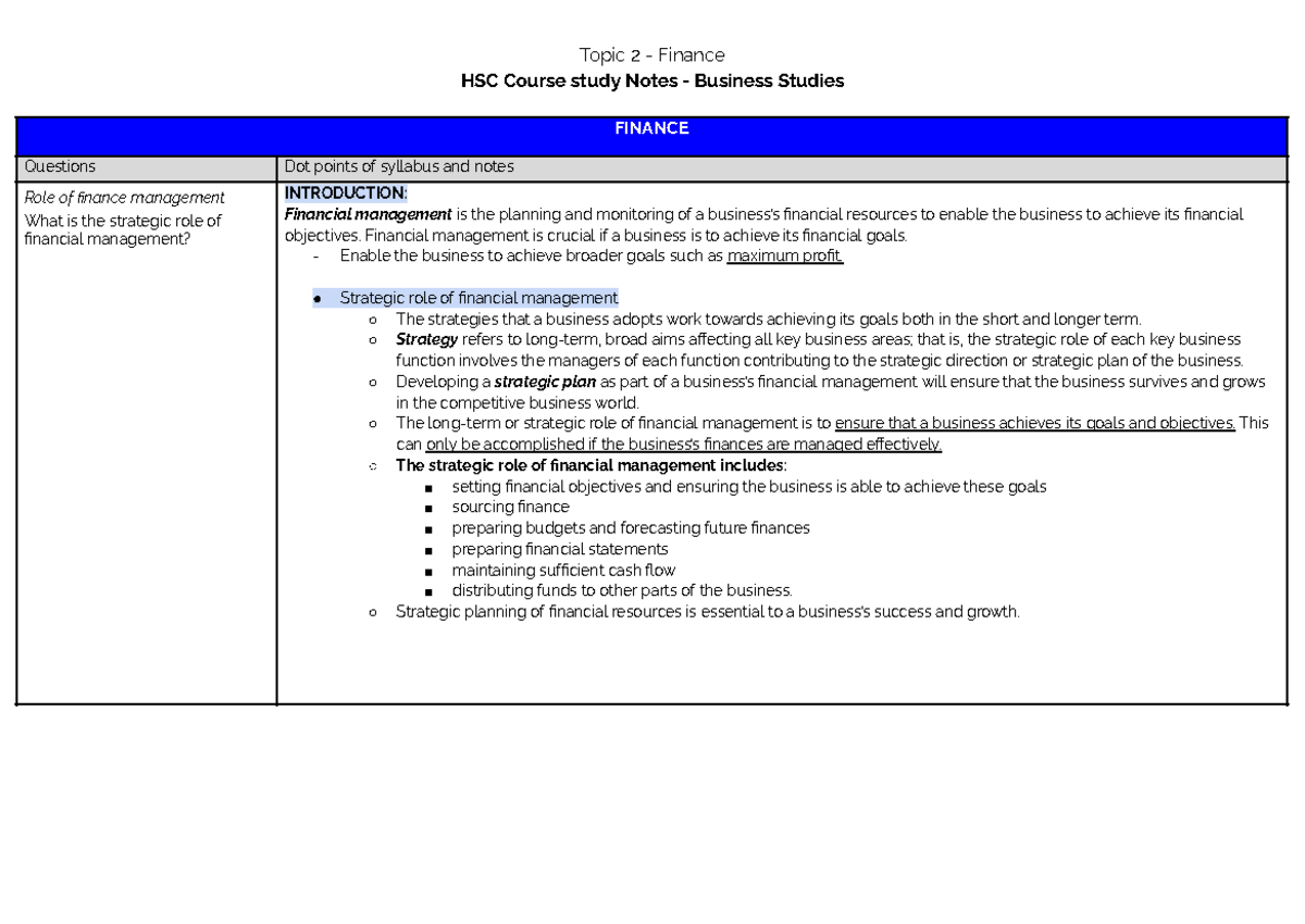 HSC Business Studies: Topic 2 - Finance Study Notes and Concepts - Studocu