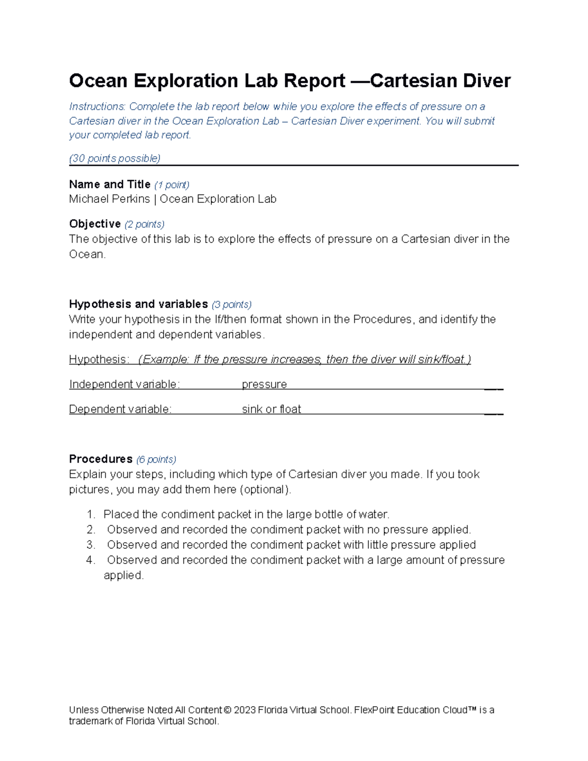Ocean Exploration Lab Report: Effects of Pressure on Cartesian Diver ...
