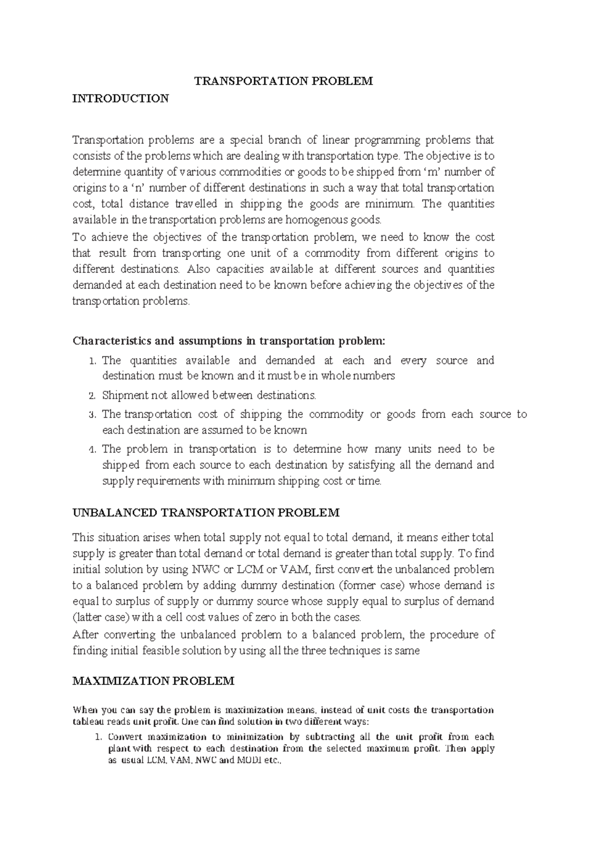 Transportation Problem Theory Notes - Module 2 - Studocu