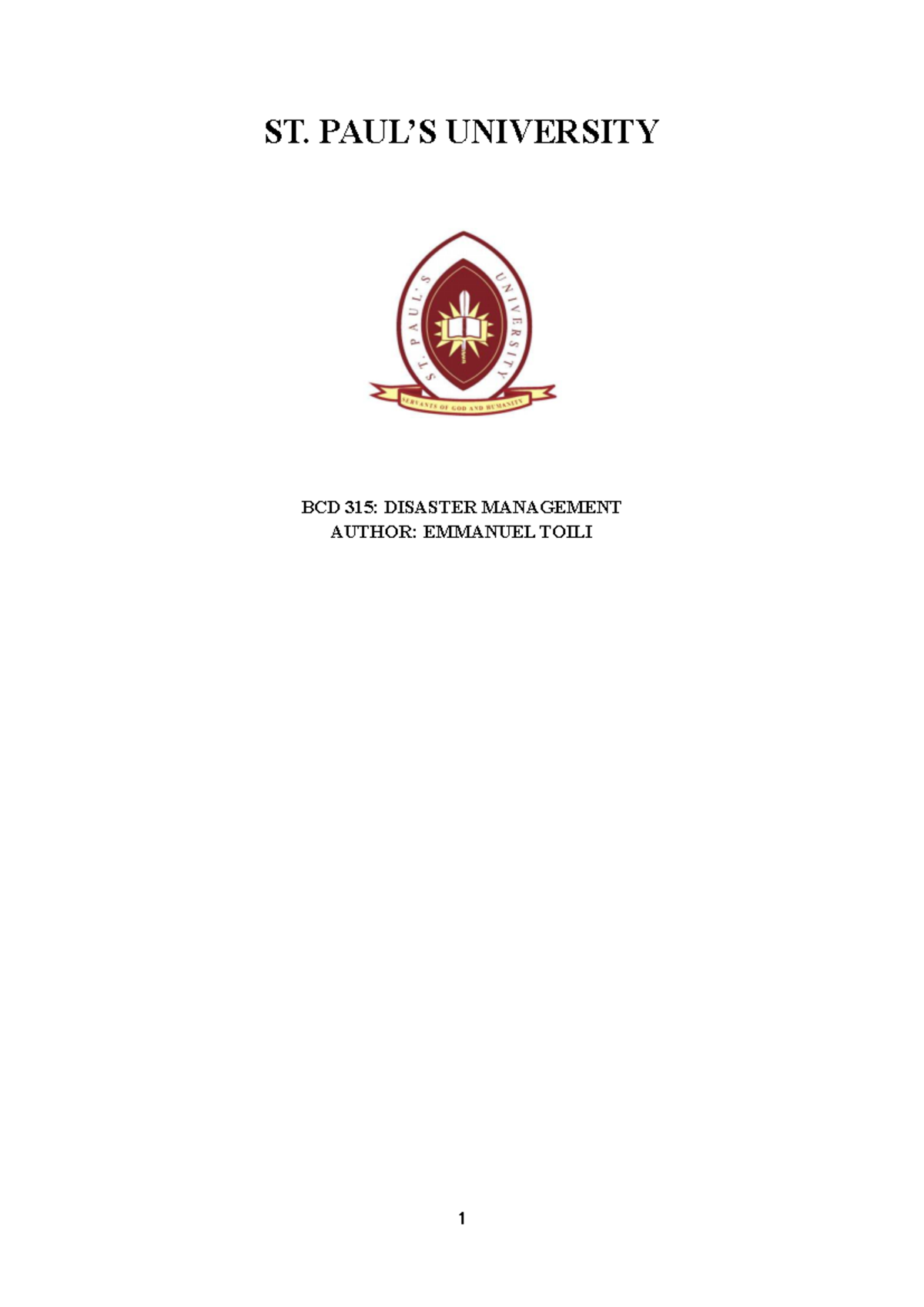 ST. UNIVERSITY BCD 315: FOUNDATIONS OF DISASTER MANAGEMENT - Studocu