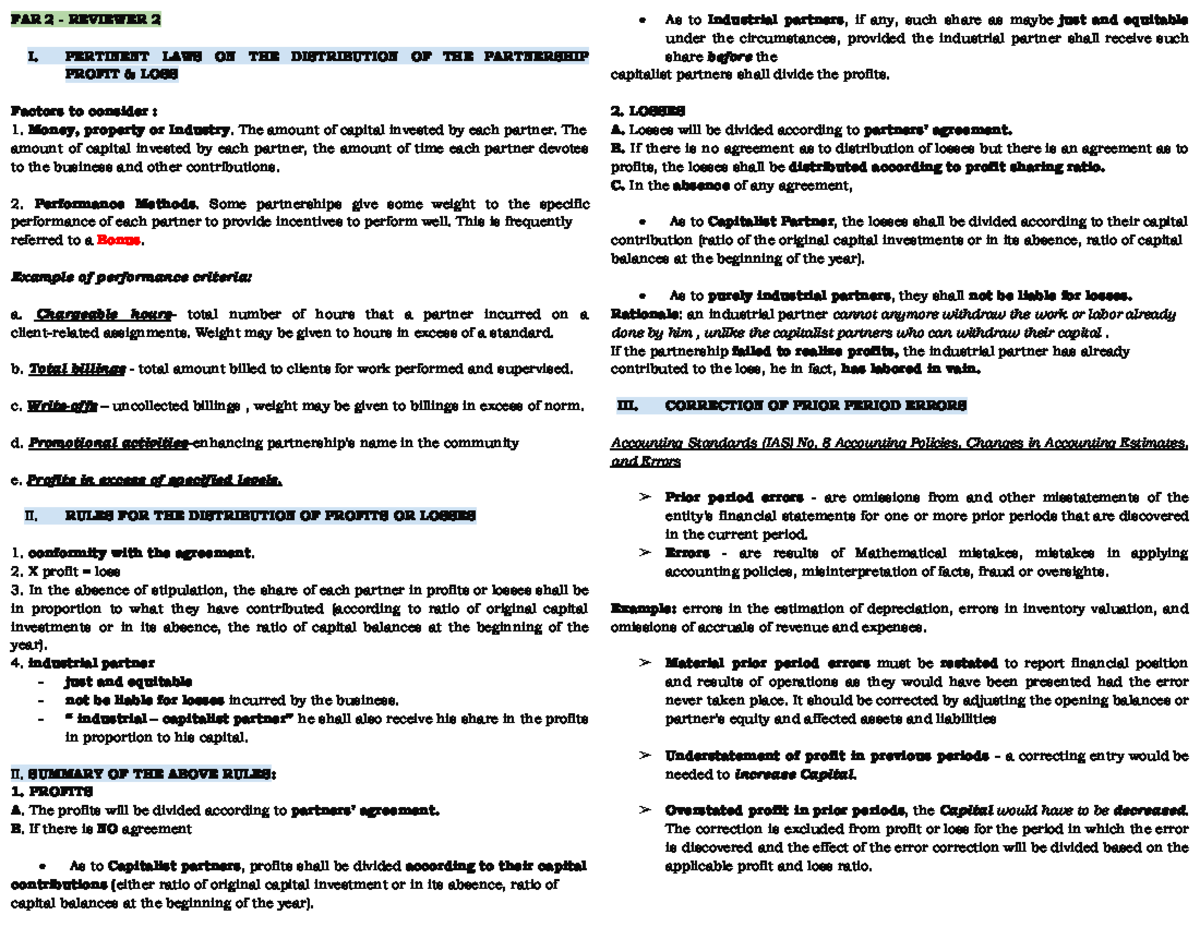 FAR 2 REVIEWER: DISTRIBUTION OF PARTNERSHIP PROFITS & LOSSES - Studocu
