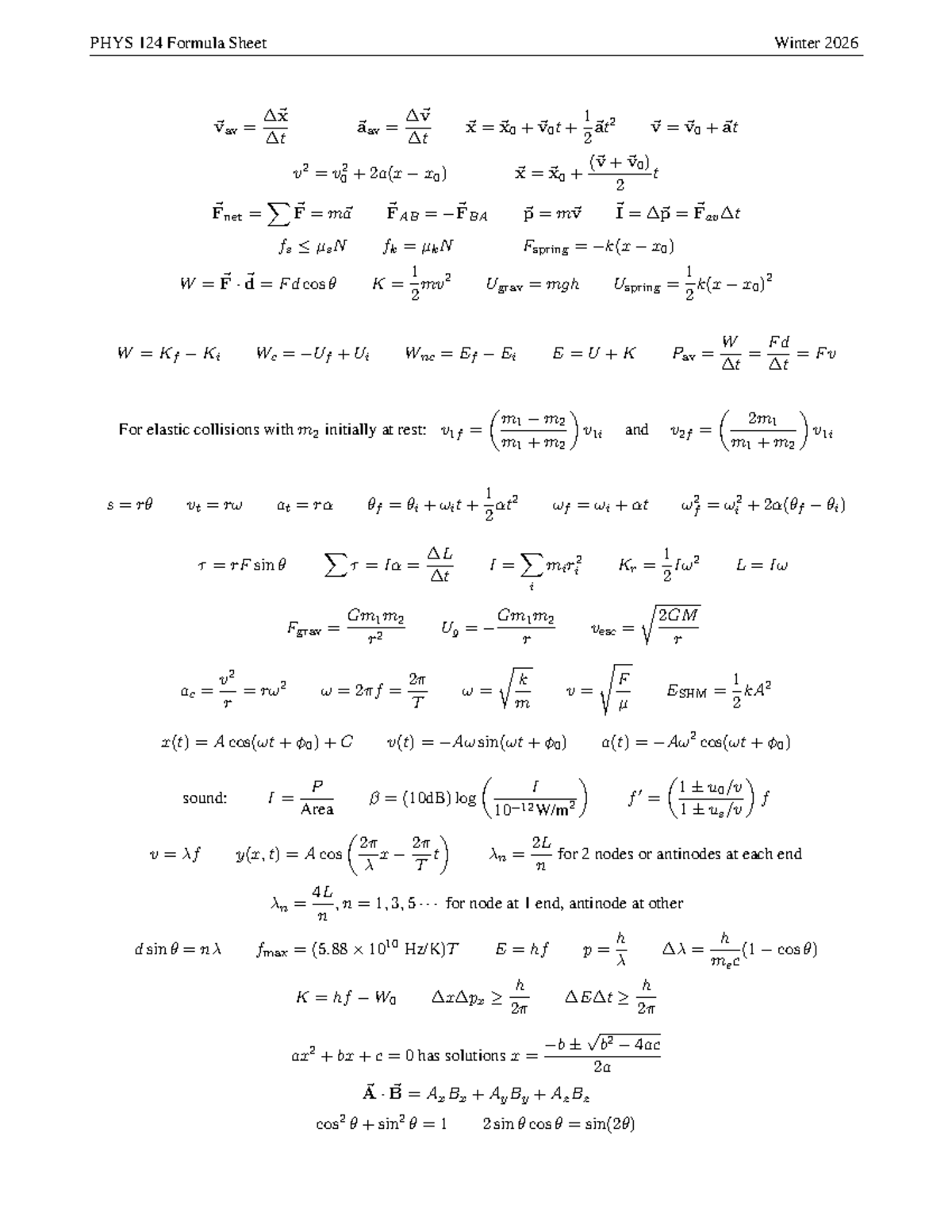 PHYS 124 Winter 2026 Formula Sheet for Final Exam - Studocu