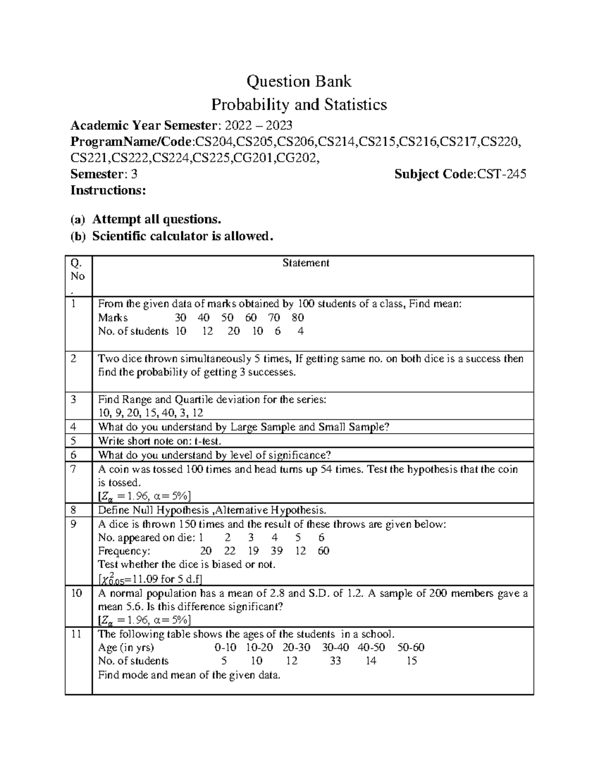 Probability and Statistics Question Bank (21CST-245) for 2022-2023 ...