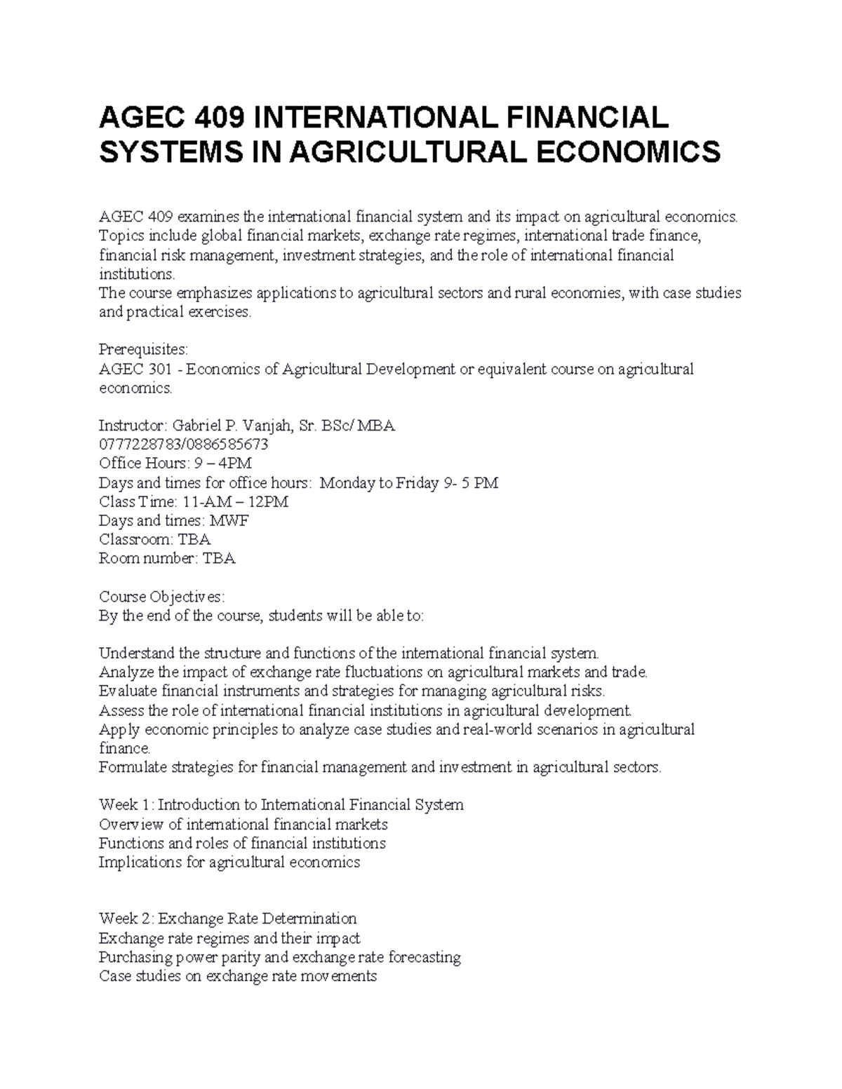 AGEC 409 International Financial System IN Agricultural Economics Notes ...