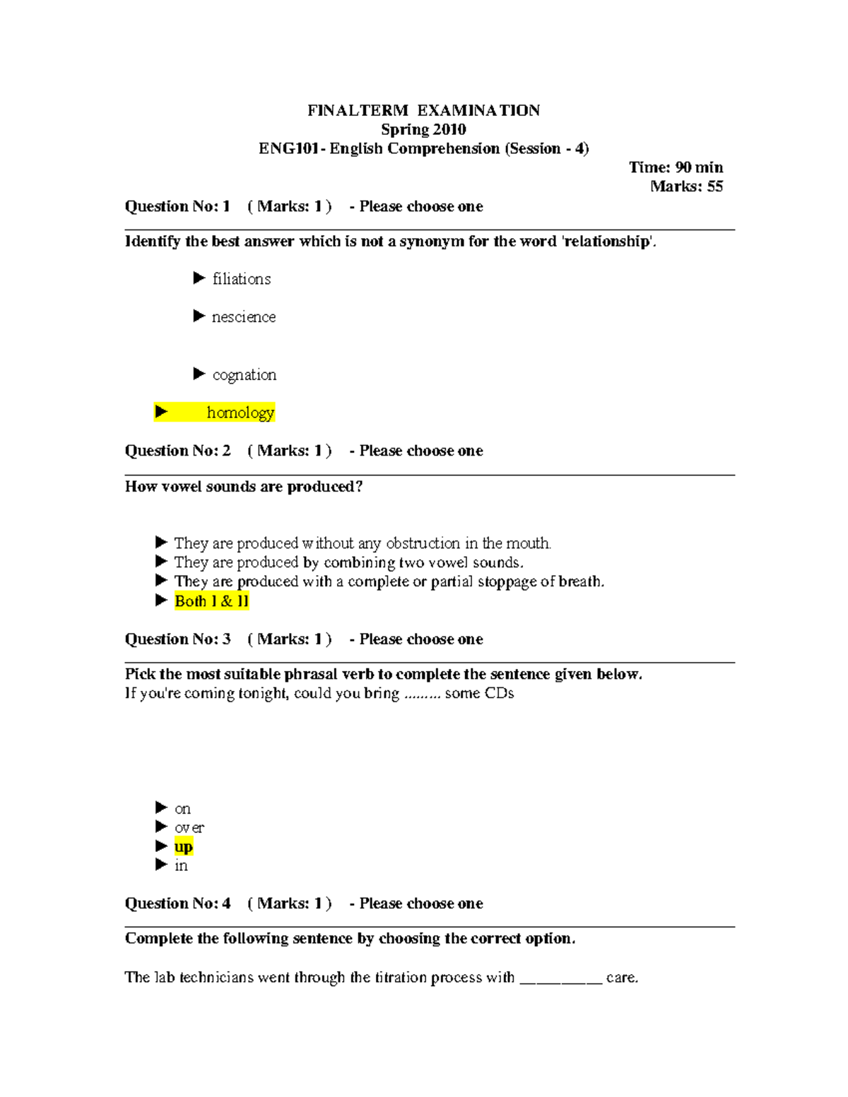 ENG101 Spring 2010 Final Exam Paper - Key Questions and Answers - Studocu