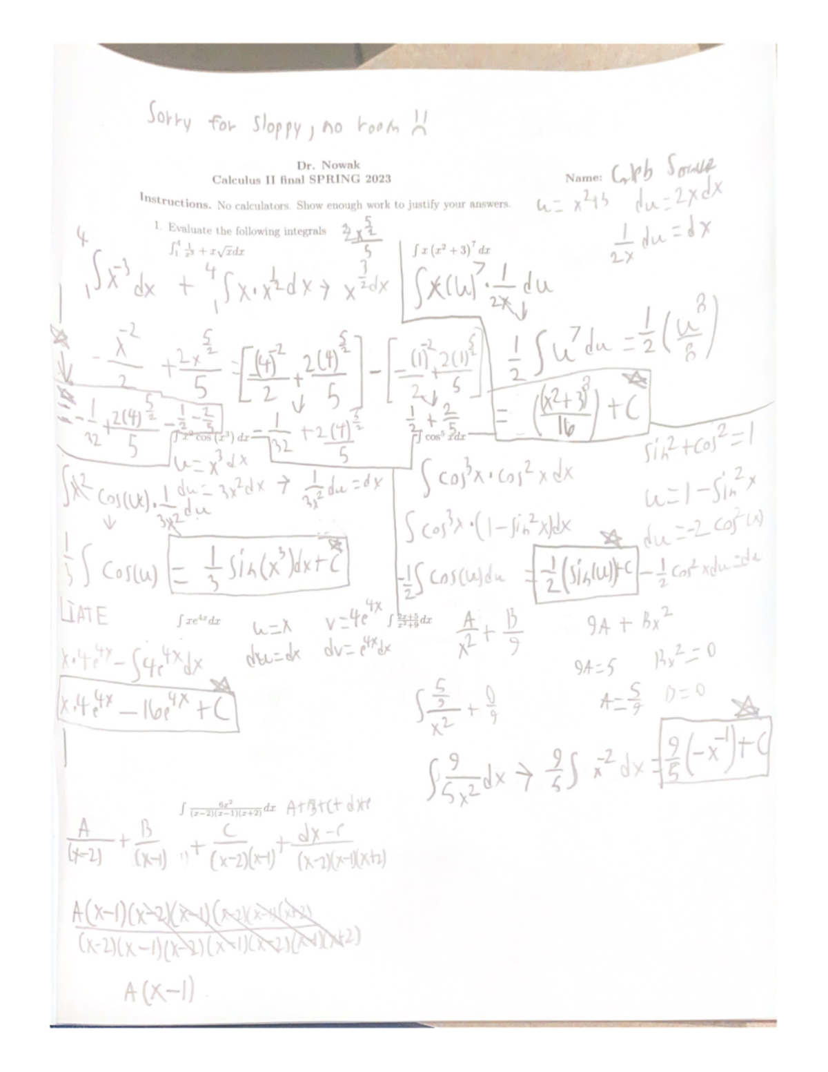 Final Exam - Sorry for Sloppy, no room H Dr. Nowak Calculus II final ...