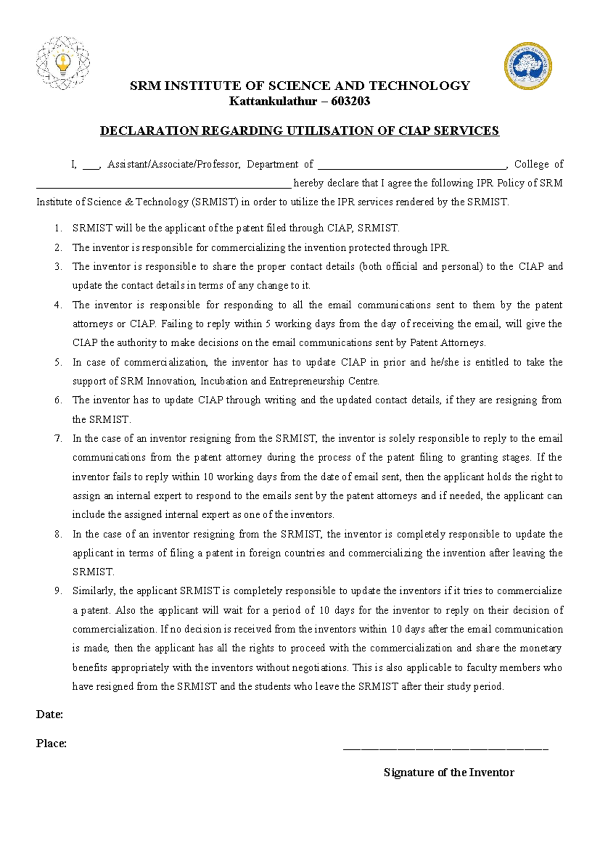 SUB001 Declaration Form for CIAP Services Utilization at SRMIST - Studocu