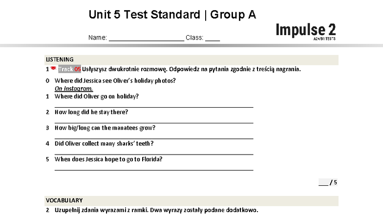 Unit 5 Test Standard A - Listening & Vocabulary Answers - Studocu