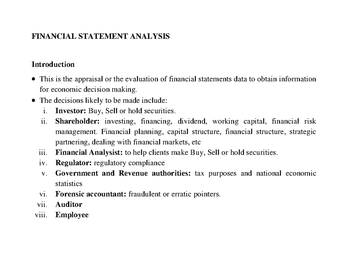 FIN 301: Financial Statement Analysis - Comprehensive Notes - Studocu
