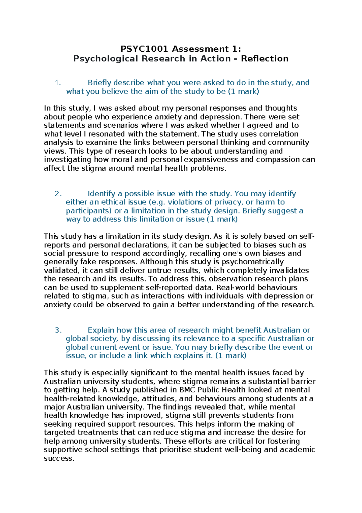 PSYC1001 Assessment 1 Part B Reflection - PSYC1001 Assessment 1 ...