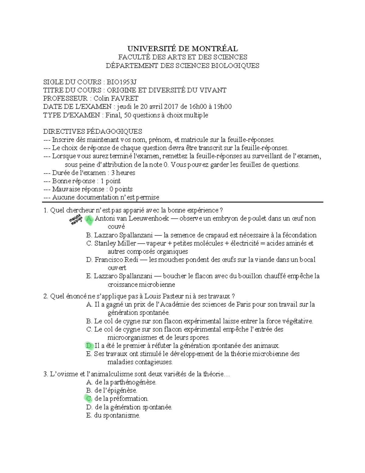 BIO1953J - Examen Final de 2017: Préparation et Questions Clés - Document Preview