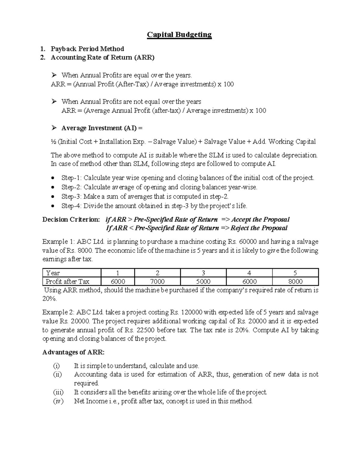 Capital Budgeting Techniques: Payback, ARR, NPV, IRR Analysis - Studocu