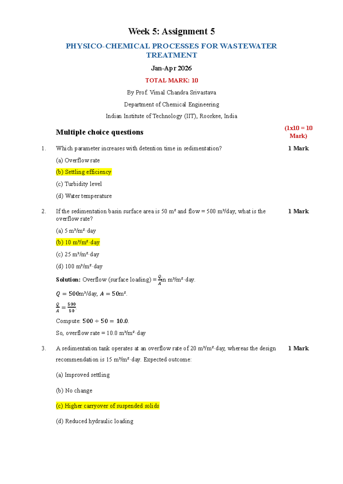 Week 5: Assignment 5 on Wastewater Treatment Processes (2026) - Studocu