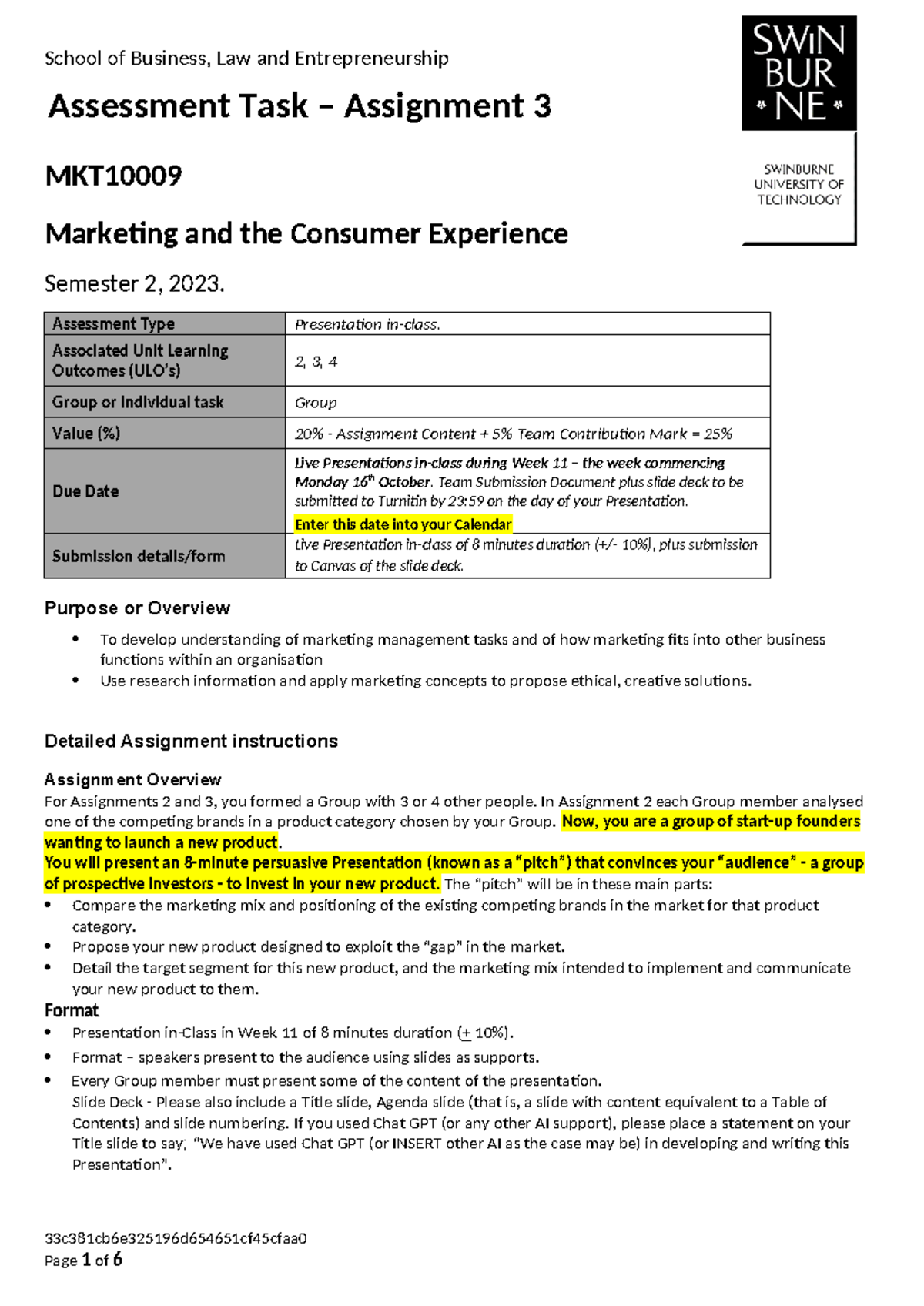 MKT10009 S2,23 Group Assignment 3 Presentation Overview - Studocu