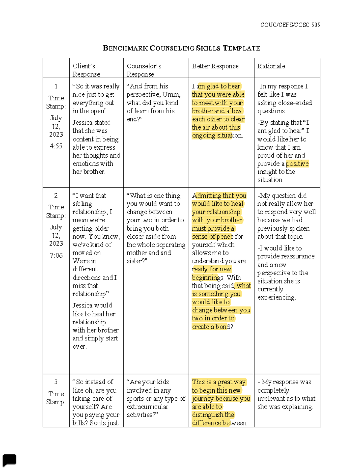 COUC/CEFS/COSC 505 Benchmark Counseling Skills Template Analysis - Studocu
