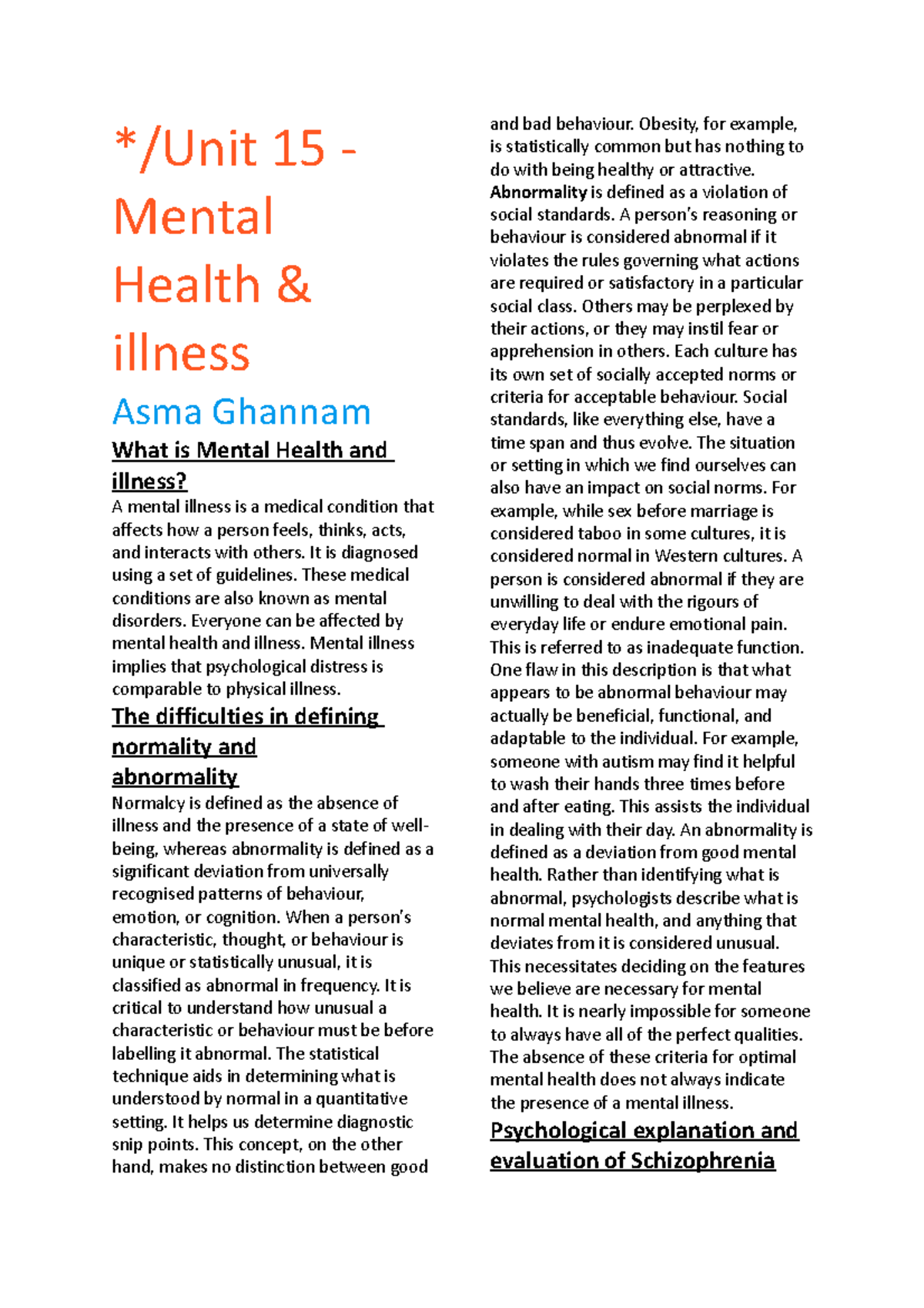 Unit 15: Understanding Mental Health and Illness Concepts - Studocu