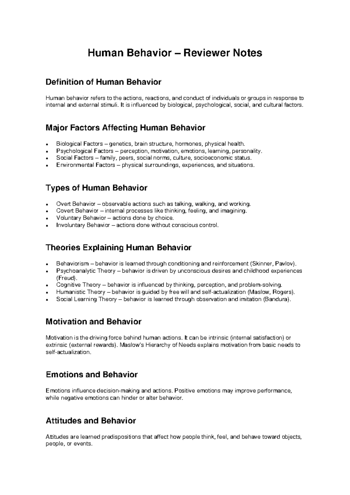 Human Behavior Review Notes: Key Concepts and Theories - Studocu