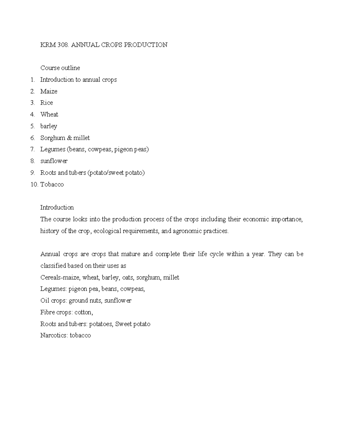 KRM 308 Annual Crop Production Notes - Focus on Maize and Wheat - Studocu