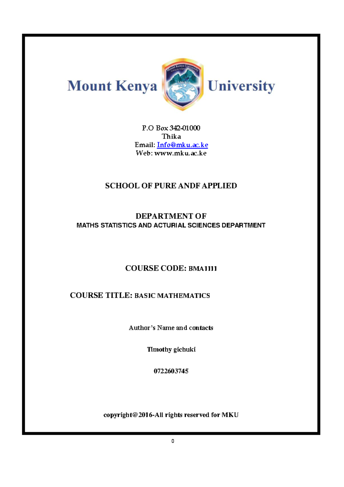 BMA 1111 Basic Mathematics Course Overview and Key Concepts - Studocu