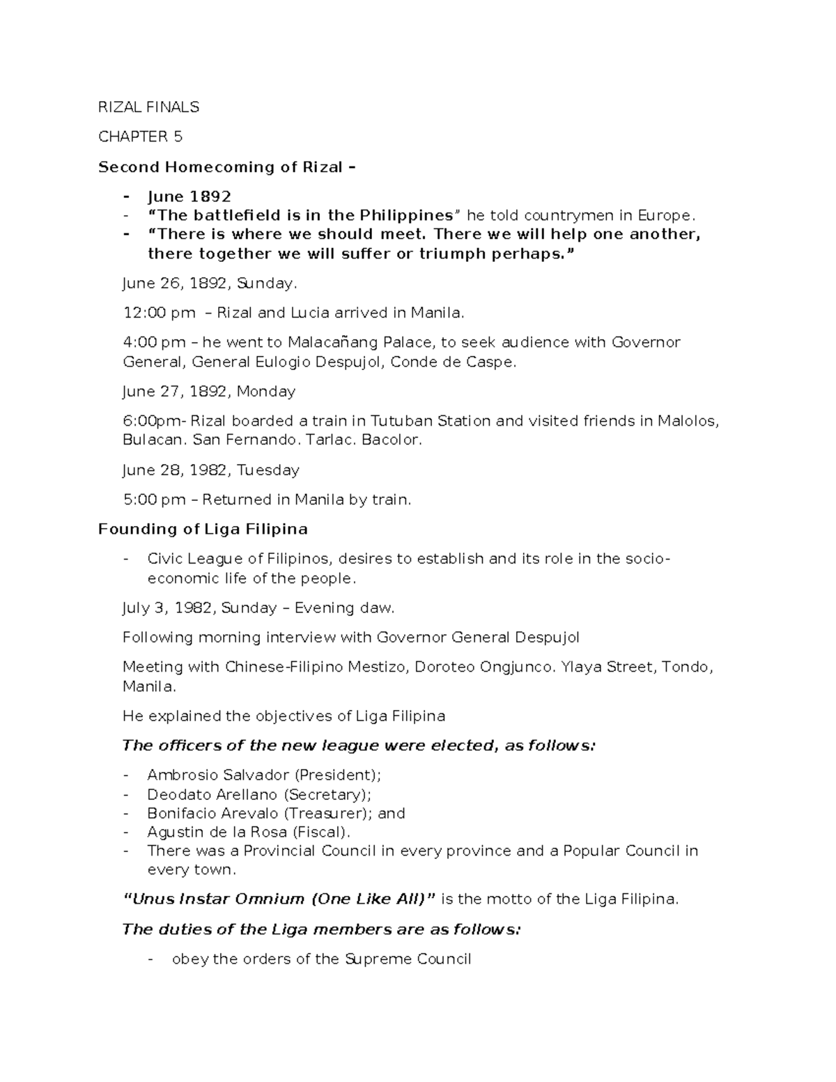 Rizal Finals - Second Semester: Key Topics Overview - Studocu