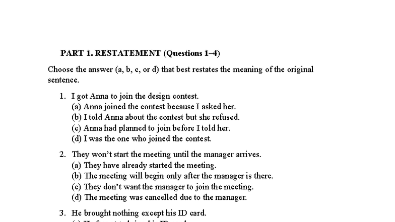 Restatement and Sentence Completion Practice (ENG 101) - Studocu