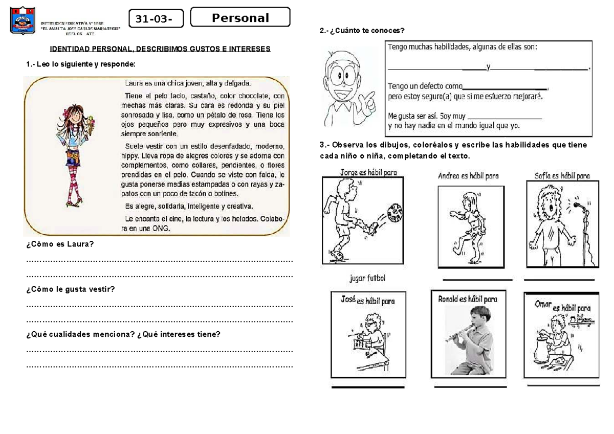 Ficha Perso 07 de abril - IDENTIDAD PERSONAL, DESCRIBIMOS GUSTOS E ...