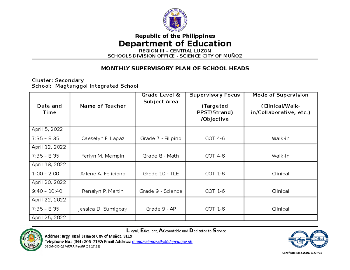 Monthly Supervisory Plan for School Heads - Sec 1 - Studocu