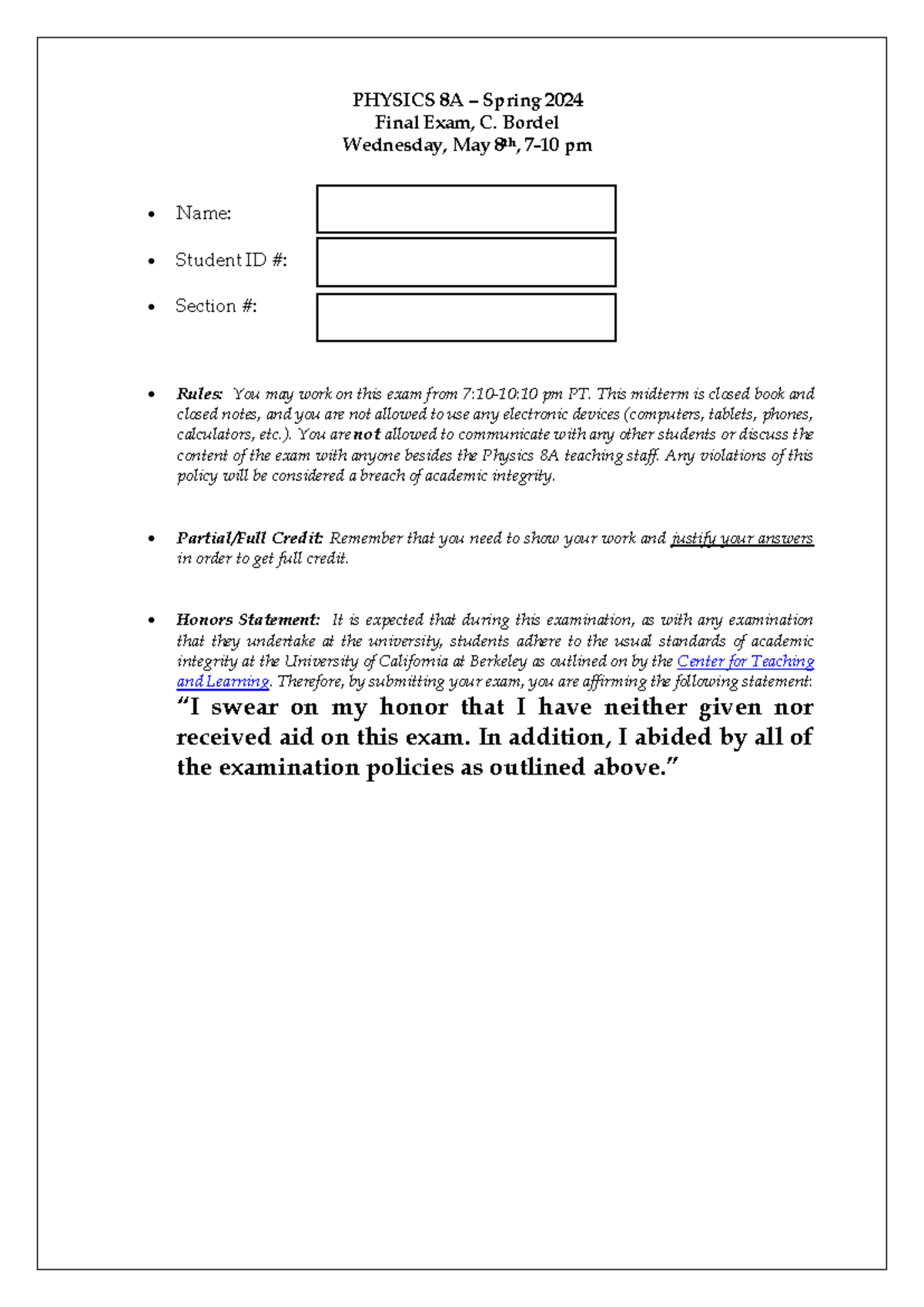 Physics 8A Sp2024 Final Exam Review - C. Bordel Insights - Studocu