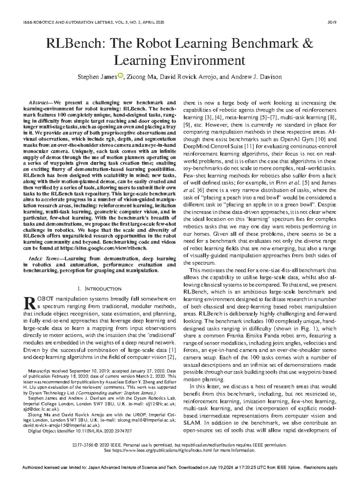 RLBench: A Comprehensive Benchmark for Robot Learning (RL-2020) - Studocu