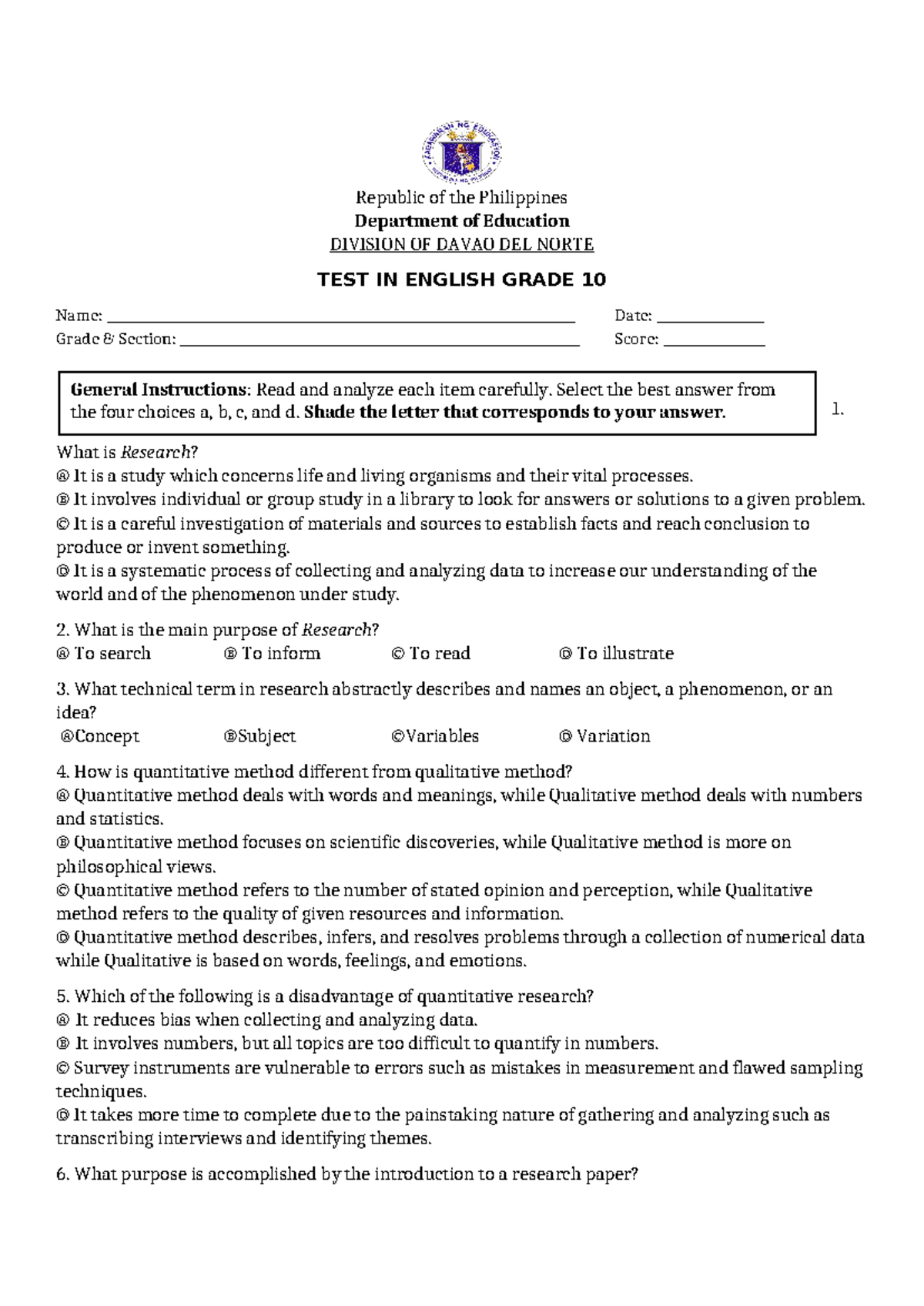English 10 TQ - Test questionnaire - Republic of the Philippines ...