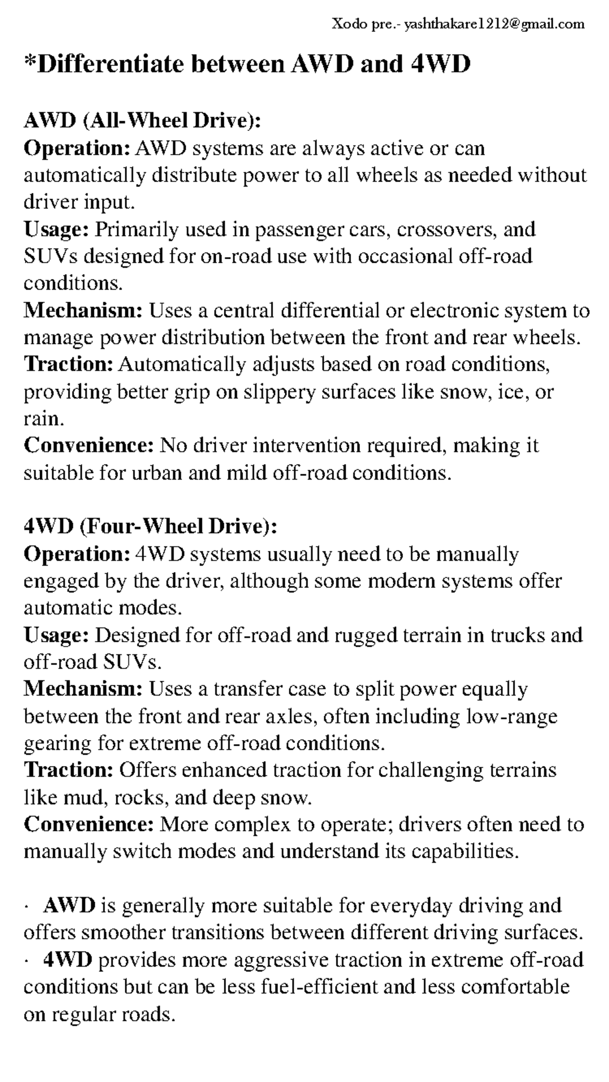 Vehicle system important questions - *Differentiate between AWD and 4WD ...