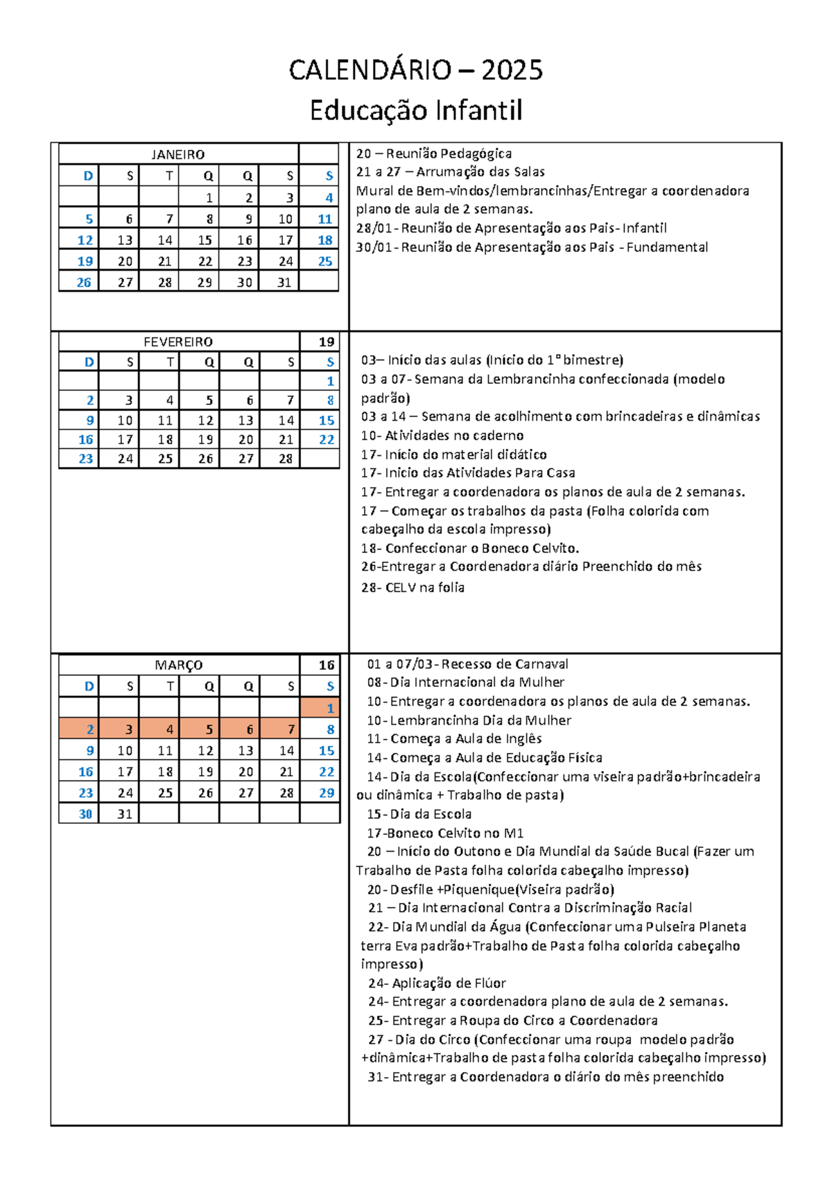 CALENDÁRIO 2025 - Educação Infantil - Atividades e Datas Importantes ...