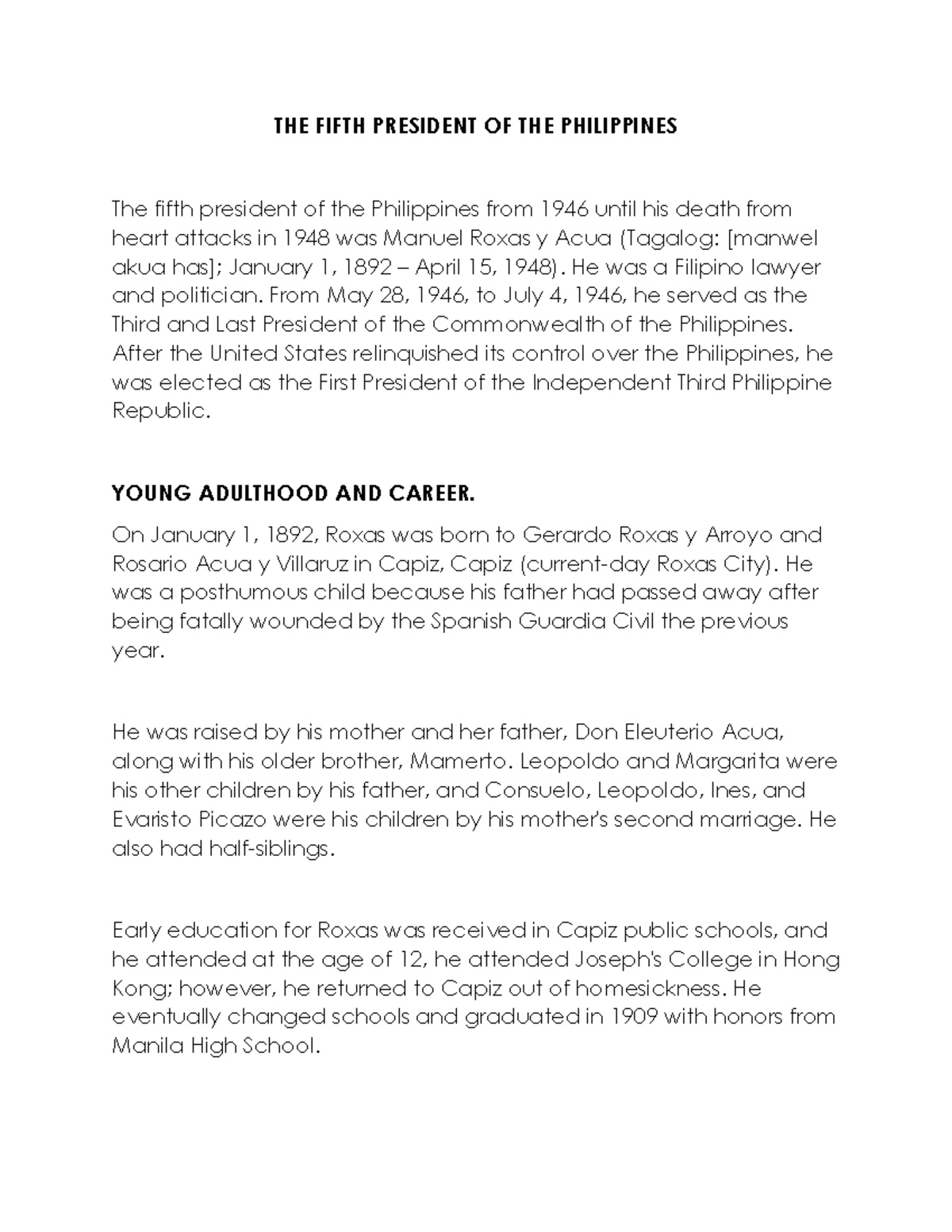 THE Fifth President OF THE Philippines - THE FIFTH PRESIDENT OF THE ...