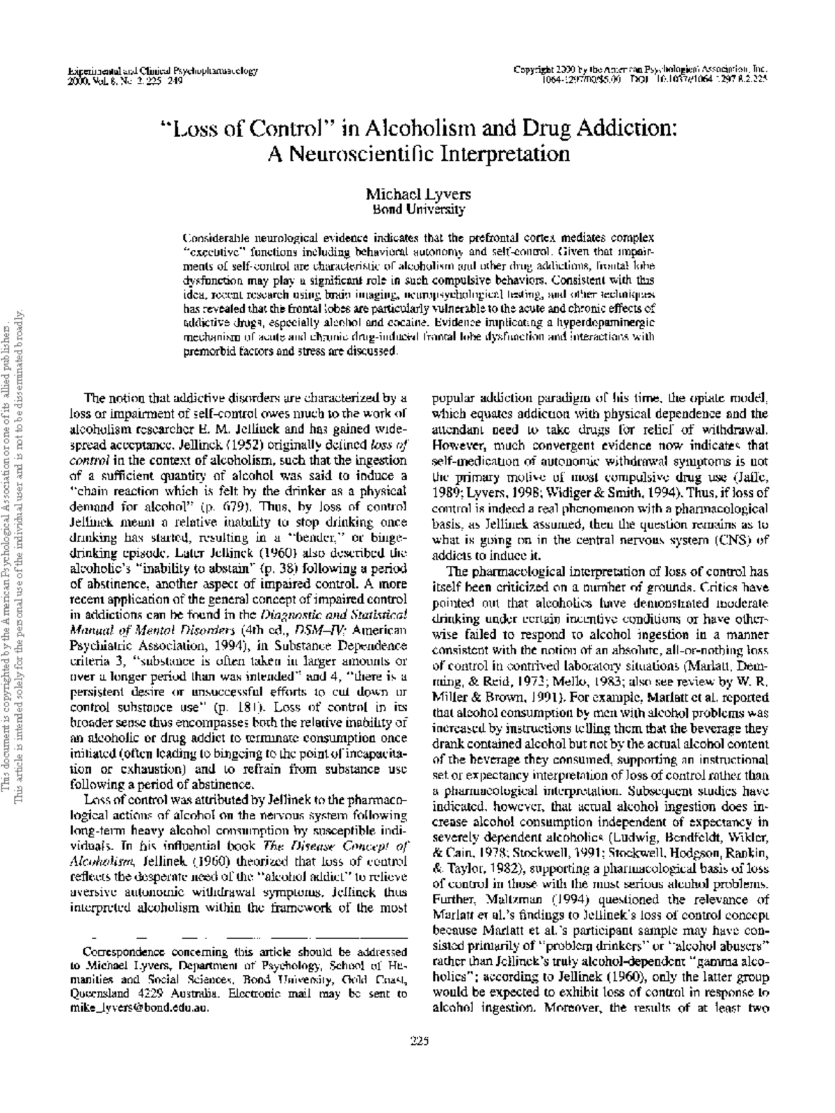 Neuroscience of Addiction: Loss of Control and Self-Control Impairment ...