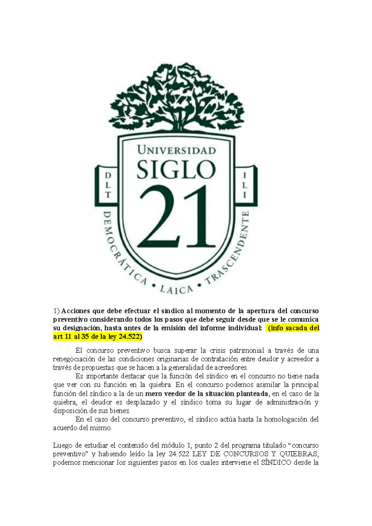 TP 1 Concurso - Acciones del Síndico en el Concurso Preventivo - Document Preview