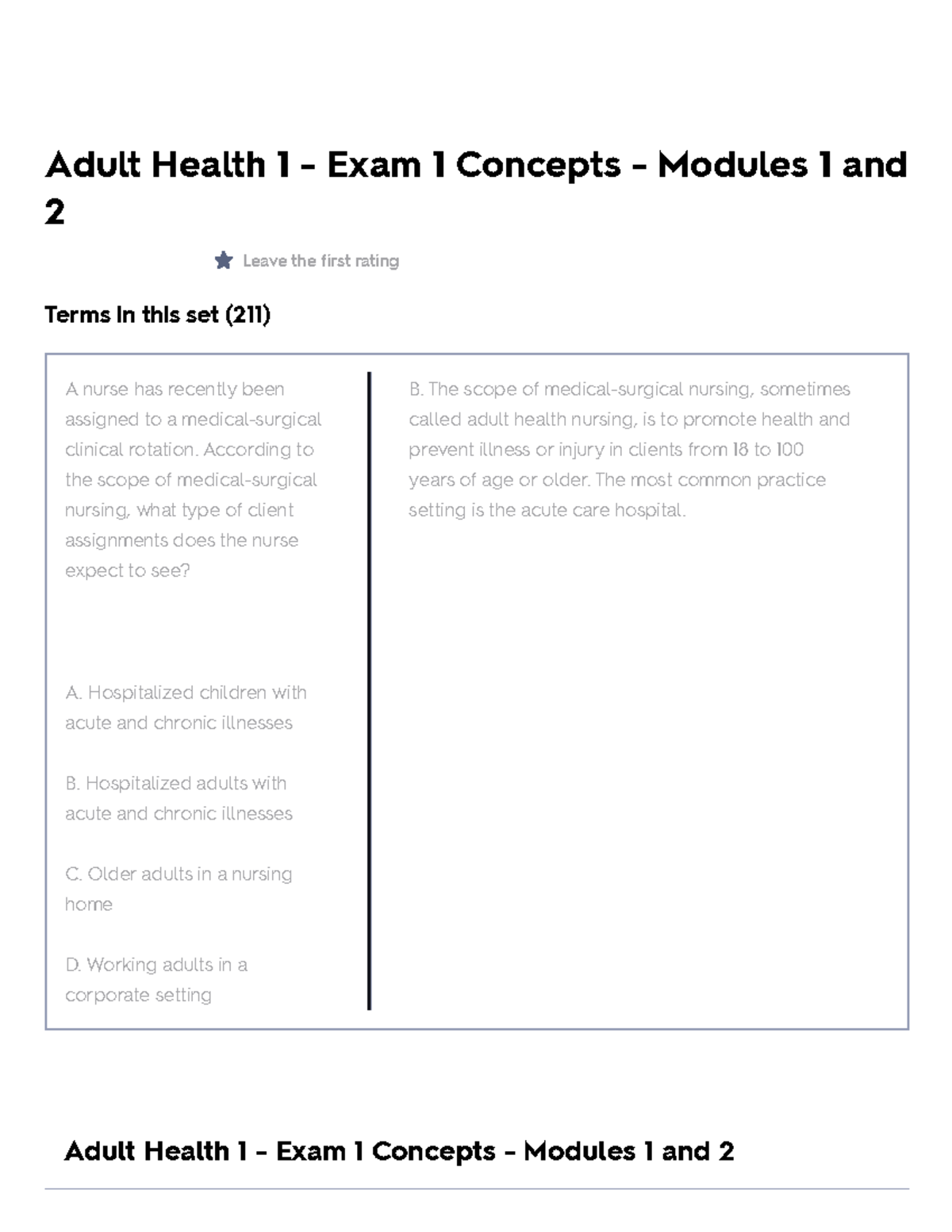 Adult Health 1 - Exam 1 Key Concepts from Modules 1 & 2 Flashcards ...